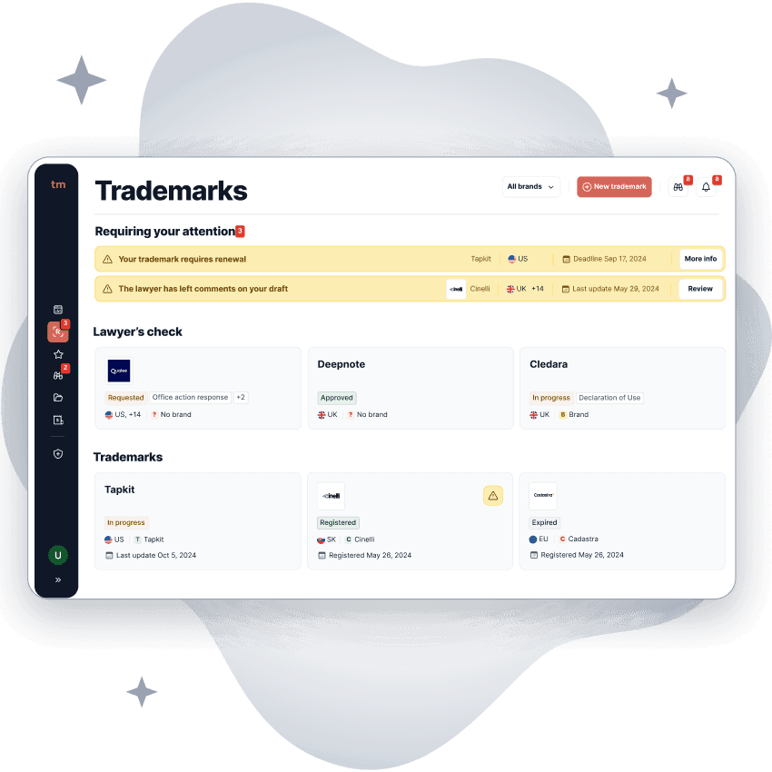 Trademarks requiring attention in the Trama dashboard